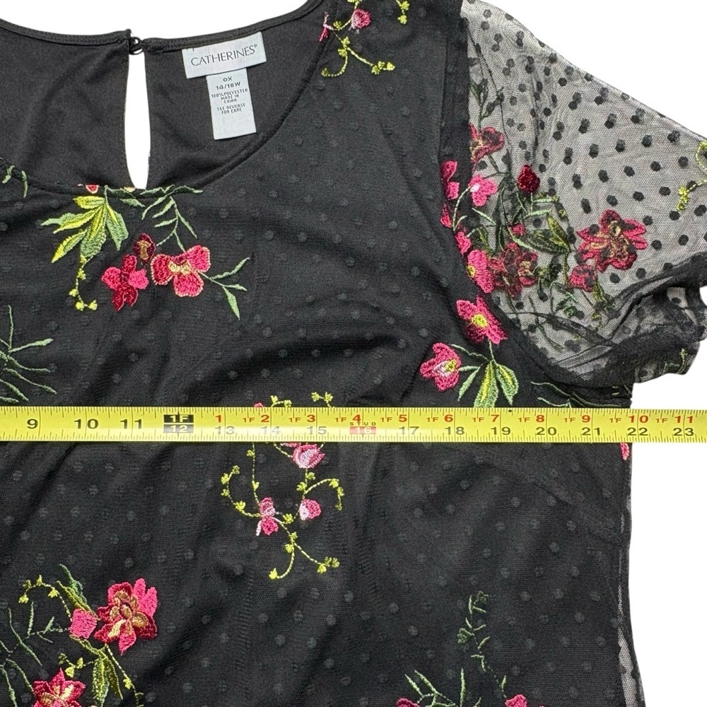 Catherines Embroidered Floral Sheer Layered Shift Dress 14/16W Black Romantic - Picture 8 of 11